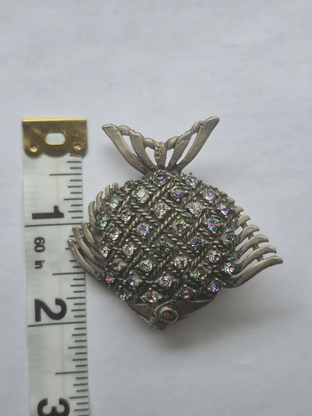 Vintage Aurora Borealis Rhinestone Fish Brooch – Mid Century Silver Tone Figural